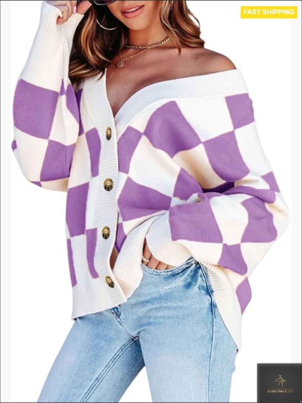 Plaid V Neck Button Down Long Sleeve Cable Knit Oversized Cardigan Sweater Tops